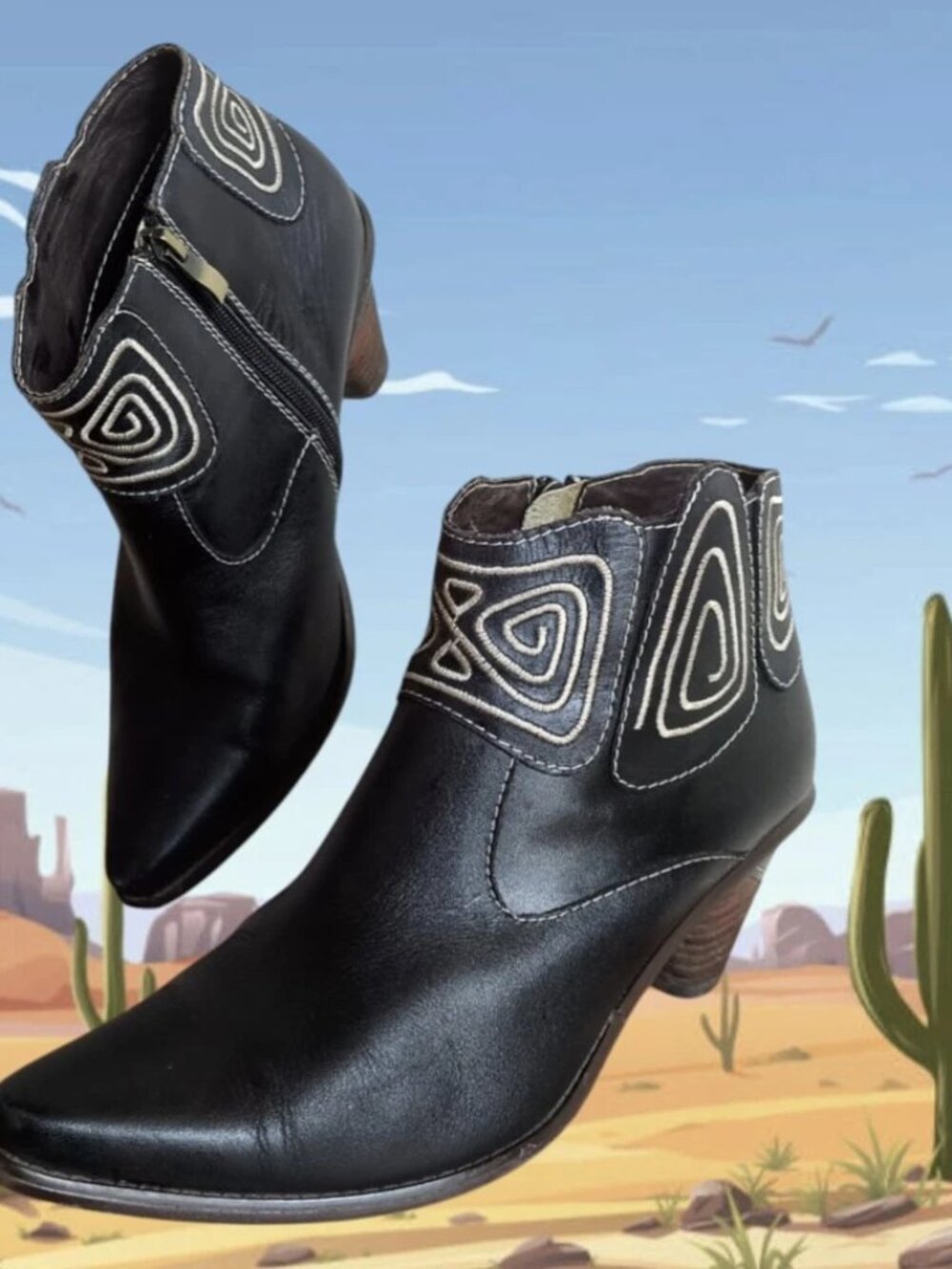 Spring Step Gamer Black Embroidered Western Leather Ankle Boots Womens US 11 /42